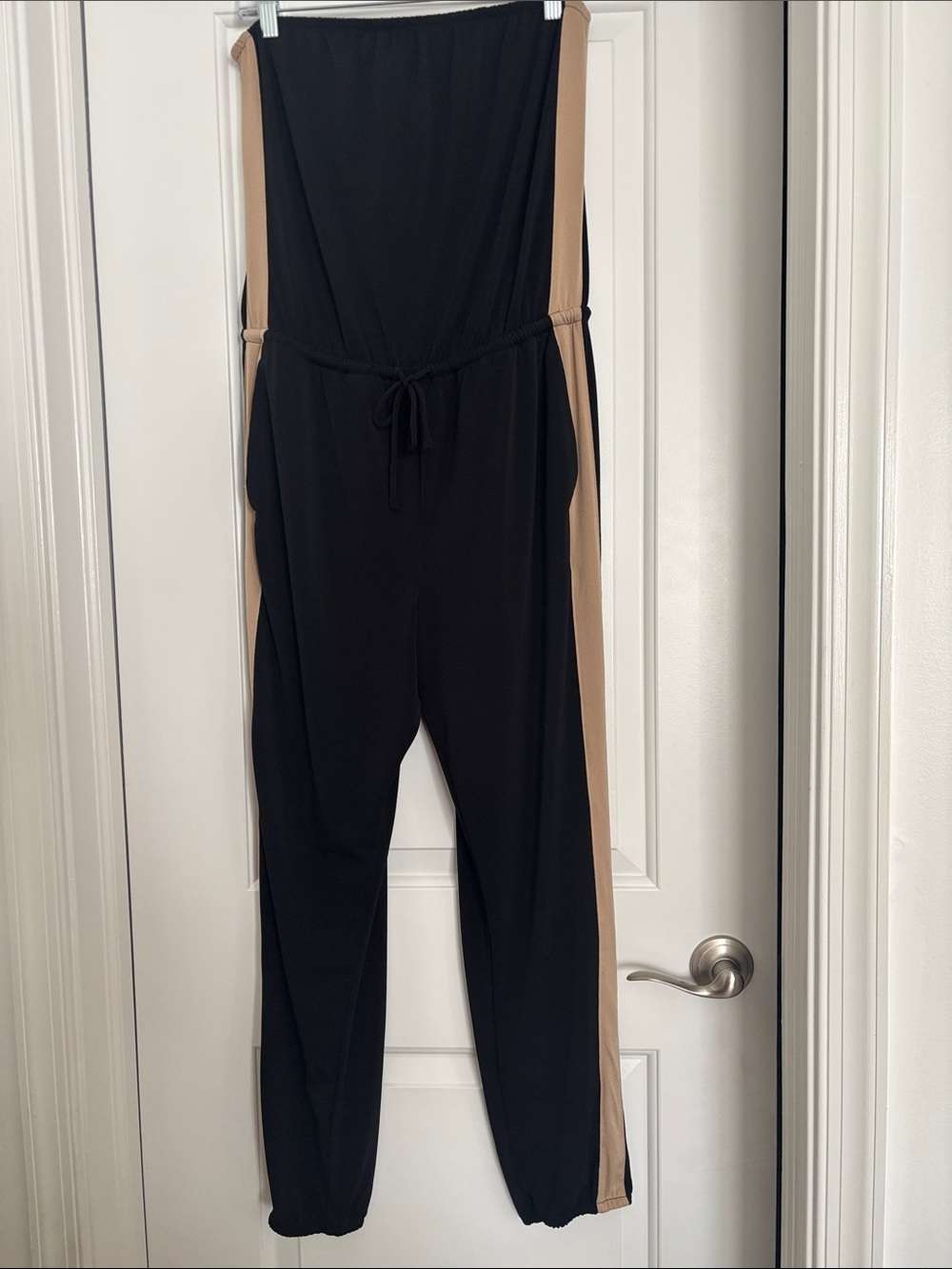 Black and Beige Strapless Jumpsuit with Drawstring Waist
